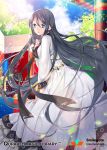  1girl black_hair blue_eyes blue_sky braid clouds copyright_name day dress hair_rings looking_at_viewer mirunai official_art outdoors qurare_magic_library sky solo standing tree very_long-hair watermark white_dress 