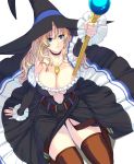  1girl bare_shoulders belt blonde_hair blue_eyes breasts brown_hair cleavage detached_sleeves dress hat highres jewelry large_breasts long_hair masao navel necklace original ring sitting solo staff thigh-highs witch witch_hat 