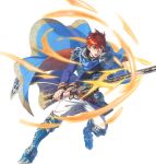  1boy armor blue_eyes cape durandal_(fire_emblem) eliwood_(fire_emblem) fire fire_emblem fire_emblem:_rekka_no_ken fire_emblem_heroes full_body highres holding holding_weapon male_focus miyuu official_art redhead short_hair sword weapon white_background 