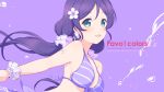  1girl 6u_(eternal_land) :d bikini blush breasts green_eyes halterneck highres large_breasts long_hair looking_at_viewer love_live! love_live!_school_idol_project low_twintails open_mouth purple_hair simple_background smile solo splashing swimsuit text toujou_nozomi twintails wallpaper 