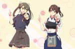  2girls black_legwear blush brown_eyes brown_hair camouflage cowboy_shot eye_contact green_hair grey_hair hair_between_eyes hair_ribbon hakama_skirt hip_vent index_finger_raised japanese_clothes kaga_(kantai_collection) kantai_collection koi_dance long_hair looking_at_another multiple_girls muneate pleated_skirt pointing pointing_at_viewer remodel_(kantai_collection) ribbon side_ponytail skirt smile sora_(sky_s04) tasuki thigh-highs twintails white_ribbon zuikaku_(kantai_collection) 