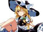  1girl ;) blonde_hair bloomers blush commentary hat kirisame_marisa legs long_hair looking_at_viewer one_eye_closed open_mouth puffy_short_sleeves puffy_sleeves short_sleeves sitting skirt smile solo touhou underwear very_long_hair vest witch_hat yellow_eyes yururi_nano 