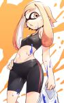  1girl bangs bike_shorts black_shorts blunt_bangs blush domino_mask fangs gluteal_fold hand_on_hip highres inkling long_hair mask midriff mikage_sekizai navel orange_eyes orange_hair paint_splatter pointy_ears shirt shirt_removed shorts single_vertical_stripe solo splatoon sports_bra sweat tentacle_hair white_shirt 