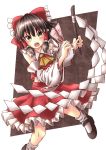  &gt;:o 1girl :o absurdres ascot blush bow brown_eyes chocolate_hair gohei hair_bow hair_tubes hakurei_reimu highres large_bow looking_at_viewer mary_janes ofuda open_mouth ramie_kirby shoes skirt skirt_set solo standing standing_on_one_leg touhou vest yellow_ascot 