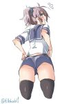  /\/\/\ 1girl antenna_hair aoba_(kantai_collection) ass black_legwear blue_eyes blue_shorts blush cowboy_shot cropped_legs ebifurya eyebrows_visible_through_hair from_behind hair_ornament hair_scrunchie highres kantai_collection looking_at_viewer looking_back open_mouth pink_hair ponytail profile school_uniform scrunchie serafuku short_sleeves shorts simple_background solo thigh-highs twitter_username white_background 