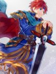  1boy armor blue_eyes blush cape cosplay durandal_(fire_emblem) eliwood_(fire_emblem) eliwood_(fire_emblem)_(cosplay) fire_emblem fire_emblem:_fuuin_no_tsurugi fire_emblem:_rekka_no_ken fire_emblem_heroes highres holding holding_weapon male_focus redhead roy_(fire_emblem) short_hair smile solo weapon 