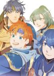  2boys 2girls armor blue_eyes blue_hair cape collarbone cosplay darkgreyclouds dress eliwood_(fire_emblem) eliwood_(fire_emblem)_(cosplay) fire_emblem fire_emblem:_fuuin_no_tsurugi fire_emblem:_kakusei fire_emblem:_rekka_no_ken fire_emblem:_souen_no_kiseki fire_emblem_heroes green_eyes green_hair greil greil_(cosplay) headband high_ponytail ike long_hair looking_at_viewer lucina lyndis_(fire_emblem) multiple_boys multiple_girls open_mouth ponytail redhead roy_(fire_emblem) short_hair smile very_long_hair 