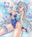  1girl animal_ears aqua_eyes arm_up artist_name at_classics bangs blue_bow blue_bowtie blue_leotard blush bow bowtie breasts bunnysuit closed_mouth covered_navel detached_collar erect_nipples eyebrows_visible_through_hair flower groin hair_flower hair_ornament high_heels large_breasts leg_garter leotard long_hair looking_at_viewer original rabbit_ears sample sidelocks silver_hair sitting smile solo traditional_media very_long_hair wariza watermark wrist_cuffs 