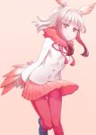  1girl arms_behind_back bangs blunt_bangs fluffy_collar head_wings japanese_crested_ibis_(kemono_friends) kemono_friends mochi_(mochi444420) multicolored_hair pantyhose pleated_skirt red_legwear redhead ribbon silver_hair simple_background skirt solo tail two-tone_hair yellow_eyes 