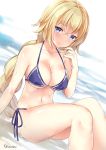  1girl bikini blonde_hair blue_eyes braid breasts cleavage dutch_angle fate/apocrypha fate_(series) kaetzchen large_breasts long_hair navel nervous_smile ruler_(fate/apocrypha) single_braid solo swimsuit wet 