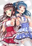  2girls :d ascot bangs black_hair blue_bow blue_bowtie blue_hair blue_scrunchie blue_skirt blunt_bangs bow bowtie commentary_request detached_sleeves earrings frilled_skirt frilled_sleeves frills green_eyes hair_bow hair_ornament hairband hairpin hand_on_own_chest highres jewelry kurosawa_dia layered_skirt lolita_hairband long_hair looking_at_viewer love_live! love_live!_sunshine!! multiple_girls omoi_yo_hitotsu_ni_nare open_mouth pink_scrunchie pointing pointing_at_viewer polka_dot polka_dot_bow polka_dot_bowtie polka_dot_scrunchie polka_dot_skirt red_ascot red_skirt sahara_(charlotte) scrunchie short_sleeves side_bun skirt smile thigh-highs thigh_strap tsushima_yoshiko twitter_username violet_eyes white_legwear wrist_scrunchie 