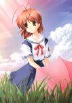  1girl absurdres antenna_hair bangs blue_skirt blue_sky blush brown_hair clannad closed_mouth clouds collarbone collared_shirt day eyebrows_visible_through_hair furukawa_nagisa grass hair_between_eyes hair_ornament highres hikarizaka_private_high_school_uniform hinoue_itaru holding holding_umbrella key_(company) long_hair miniskirt neck_ribbon outdoors pink_umbrella red_ribbon ribbon sailor_collar sailor_shirt school_uniform shiny shiny_hair shirt skirt sky smile solo standing sunlight suspender_skirt suspenders umbrella white_sailor_collar white_shirt yellow_eyes 