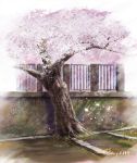  cherry_blossoms day grass hachiya_shohei no_humans original outdoors scenery signature still_life tree wall 