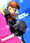  1girl brown_hair closed_mouth copyright_name female_protagonist_(persona_3) full_body headphones looking_at_viewer multicolored multicolored_background persona persona_3 persona_3:_dancing_moon_night persona_3_portable persona_dancing_night red_eyes school_uniform smile tombsakura 