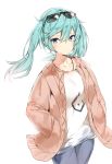  1girl aqua_hair bangs blue_eyes blush camisole cardigan closed_mouth collarbone cowboy_shot expressionless hair_between_eyes hands_in_pockets hatsune_miku highres long_hair looking_at_viewer open_cardigan open_clothes silver_(chenwen) simple_background solo suna_no_wakusei_(vocaloid) sunglasses sunglasses_on_head tsurime twintails vocaloid white_background 