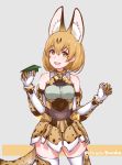  1girl :d animal_ears bare_shoulders blonde_hair commentary cowboy_shot disco_brando elbow_gloves extra_ears gloves grey_background hair_between_eyes highres kemono_friends looking_at_viewer open_mouth print_skirt serval_(kemono_friends) serval_ears serval_print serval_tail skirt sleeveless smile solo tail thigh-highs twitter_username yellow_eyes zettai_ryouiki 