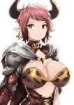  1girl breasts brown_eyes cleavage cow_horns cross cross_earrings earrings granblue_fantasy highres horns iron_cross jewelry jitome large_breasts looking_at_viewer norman_maggot pink_hair pointy_ears short_hair simple_background solo sturm_(granblue_fantasy) white_background 