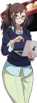  1girl absurdres blue-framed_eyewear blush brown_eyes brown_hair computer glasses highres julioalqae kouzuki_sanae laptop looking_at_viewer sakura_quest sketch smile solo standing 