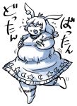 1girl animal_ears big_belly breasts commentary dress fat jewelry long_hair low_twintails medium_breasts messy_hair monochrome nazotyu obese rabbit_ears seiran_(touhou) single_earring sketch socks solo touhou twintails weight_gain 