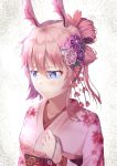  1girl alternate_hairstyle animal_ears bangs benghuai_xueyuan blue_eyes closed_mouth collarbone commentary_request expressionless floral_print flower hair_between_eyes hair_flower hair_ornament hand_up highres holding japanese_clothes kanzashi kimono long_sleeves looking_down magatama obi pink_flower pink_hair pink_kimono print_kimono purple_flower rabbit_ears sash shiny shiny_hair short_hair solo upper_body white_background yae_sakura_(benghuai_xueyuan) ye_zi_you_bei_jiao_ju_ge 