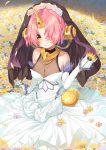  1girl :o berserker_of_black blue_eyes breasts bridal_veil cleavage dress elbow_gloves fate/apocrypha fate_(series) flower gloves hair_flower hair_ornament hair_over_one_eye heterochromia highres holding holding_flower horn looking_at_viewer medium_breasts pink_hair pink_rose rose see-through short_hair solo tofu1601 veil wedding_dress white_dress white_gloves white_rose yellow_eyes 