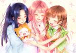 3girls :d aina animal black_hair braid brown_hair closed_eyes facing_viewer hair_ornament hairclip holding holding_animal japanese_clothes jewelry kimono long_hair miracle_nikki multiple_girls necklace open_mouth pink_hair ponytail smile upper_body 