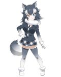  1girl absurdres animal_ears between_breasts black_hair blue_eyes blush breasts fang full_body fur_collar gloves grey_wolf_(kemono_friends) hand_on_hip heterochromia highres kemono_friends long_hair long_sleeves looking_at_viewer multicolored_hair necktie necktie_between_breasts pitecube simple_background skirt solo tail two-tone_hair white_background wolf_ears wolf_tail yellow_eyes 