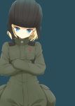  1girl black_gloves blonde_hair blue_background blue_eyes closed_mouth commentary_request crossed_arms girls_und_panzer gloves green_jacket head_tilt jacket jampen katyusha long_sleeves looking_at_viewer military military_uniform pocket pravda_military_uniform short_hair simple_background solo sparkle tsurime uniform 