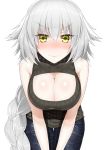  &gt;:( 1girl absurdres blush braid breasts cleavage fate/apocrypha fate/grand_order fate_(series) highres jeanne_alter large_breasts long_hair looking_at_viewer ruler_(fate/apocrypha) silver_hair simple_background single_braid solo very_long_hair wa_to_su white_background yellow_eyes 