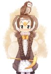  1girl 2017 animal animal_on_head artist_name black_eyes blonde_hair blush brown_hair cane coat commentary fur_collar fur_trim gloves head_wings highres holding kemono_friends kyuushuu_owl kyuushuu_owl_(kemono_friends) long_hair long_sleeves looking_at_viewer multicolored_hair nose_blush number on_head own_hands_together parted_lips signature standing v_arms white_gloves white_hair yogurtm 