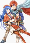  1boy 1girl armor blue_eyes blue_hair blush cape couple dress eliwood_(fire_emblem) fire_emblem fire_emblem:_fuuin_no_tsurugi fire_emblem:_rekka_no_ken fire_emblem_heroes gloves hat hetero lilina long_hair redhead roy_(fire_emblem) short_hair simple_background smile white_background wspread 