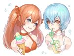  2girls artist_name ayanami_rei blue_eyes blue_hair blue_nails choker drink drinking drinking_straw eating fogriver food food_on_face halterneck ice_cream licking_lips long_hair looking_at_another looking_at_viewer multiple_girls nail_polish neon_genesis_evangelion orange_eyes orange_hair red_nails short_hair smile souryuu_asuka_langley tongue tongue_out two_side_up upper_body 