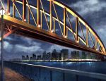  arch_bridge bridge building city cityscape clouds cloudy_sky fence irohakaede lamppost lights location_request night no_humans river scenery sky skyline 