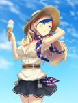  1girl adapted_costume black_skirt blonde_hair blue_eyes blue_hair breasts commandant_teste_(kantai_collection) food hat holding holding_food ice_cream kantai_collection large_breasts long_hair monoku multicolored_hair open_mouth plaid plaid_scarf redhead scarf skirt sleeveless solo streaked_hair white_hair 