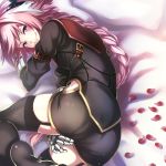  1boy ass blush braid commentary_request crossdressinging fang fate/apocrypha fate_(series) garter_straps hair_ribbon highres hip_vent long_hair looking_at_viewer male_focus ohara_hiroki pink_hair ribbon rider_of_black single_braid smile solo thigh-highs trap violet_eyes 
