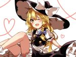  1girl ;d blonde_hair bloomers blush commentary hat heart kirisame_marisa legs long_hair looking_at_viewer one_eye_closed open_mouth puffy_short_sleeves puffy_sleeves short_sleeves sitting skirt smile solo touhou underwear very_long_hair vest witch_hat yellow_eyes yururi_nano 