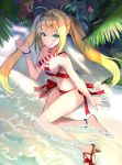  1girl aa44 barefoot bikini blonde_hair fate/grand_order fate_(series) green_eyes hair_intakes halterneck highres long_hair nero_claudius_(swimsuit_caster)_(fate) open_toe_shoes partially_submerged red_bikini saber_extra shoes side-tie_bikini single_shoe sitting solo striped striped_bikini striped_bikini_top swimsuit twintails yokozuwari 