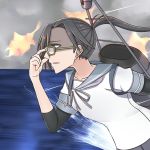  1girl adjusting_glasses amagiri_(kantai_collection) clouds glasses grey_eyes grey_hair hair_between_eyes kamonohashi kantai_collection ocean ponytail school_uniform smokestack solo undershirt water 