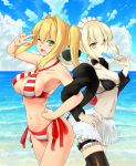  2girls ;d artoria_pendragon_(all) artoria_pendragon_(swimsuit_rider_alter)_(fate) beach bikini black_bikini black_legwear blonde_hair blue_sky blush breasts clouds day earrings fate/grand_order fate_(series) food green_eyes hand_on_hip jewelry kohaku_ryuu large_breasts leg_garter long_hair looking_at_viewer maid maid_bikini maid_headdress medium_breasts multiple_girls navel nero_claudius_(swimsuit_caster)_(fate) ocean one_eye_closed open_mouth pale_skin popsicle saber_alter saber_extra side-tie_bikini sky smile striped striped_bikini swimsuit thigh-highs twintails v yellow_eyes 