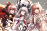  3girls :q black_bow blue_eyes bow breasts brown_hair cleavage crown dress elbow_gloves fate/grand_order fate_(series) floating_hair gloves groin hair_bow highres holding long_hair marie_antoinette_(fate/grand_order) medb_(fate/grand_order) medium_breasts midriff mini_crown multiple_girls navel open_mouth red_flower rider_of_black short_hair silver_hair sleeveless sleeveless_dress small_breasts stomach tongue tongue_out very_long_hair white_dress white_gloves yellow_eyes yui_(kawalcjil4) 