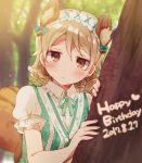  1girl animal_ears birthday blonde_hair blush brown_eyes dated drill_hair frilled_sleeves frills gurumi_mami hairband heart idolmaster idolmaster_cinderella_girls morikubo_nono neck_ribbon peeking_out puffy_short_sleeves puffy_sleeves ribbon short_sleeves solo squirrel_ears squirrel_tail tail vest 