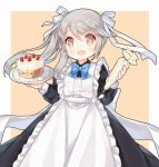  1girl :d alternate_costume apron black_dress blue_bow blue_bowtie blush bow bowtie brown_eyes collared_dress commentary_request cowboy_shot doily dress enmaided fang food food_on_face frilled_apron frills grey_hair hair_ribbon holding holding_plate long_hair long_sleeves looking_at_viewer maid ning_hai_(zhan_jian_shao_nyu) open_mouth pastry_bag plate ribbon side_ponytail sleeve_cuffs smile solo standing strawberry_shortcake tengxiang_lingnai whipped_cream white_apron white_ribbon zhan_jian_shao_nyu 