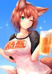  &gt;;) 1girl ;) alcohol animal_ears aqua_eyes bangs beer_mug breasts brown_hair clothes_writing commentary_request cup fox_ears fox_girl fox_tail highres holding holding_cup large_breasts long_hair looking_at_viewer mug one_eye_closed original shirt short_sleeves sky smile solo star_(sky) sukemyon t-shirt tail translation_request upper_body 