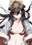  1girl absurdres bikini breasts demon_archer edogawa_nao fate/grand_order fate_(series) hands_on_hips hat highres long_hair navel oda_nobunaga_(swimsuit_berserker)_(fate) open_clothes open_shirt portrait red_eyes shirt smile solo swimsuit 