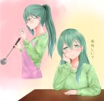  1girl alternate_costume apron blowing blush chin_rest cooking earrings from_side green_eyes green_hair green_sweater hair_ornament hairclip irohakaede jewelry kantai_collection ladle lips long_hair looking_at_viewer ponytail ring smile solo suzuya_(kantai_collection) sweater table translation_request wedding_band 
