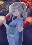  1girl alternate_costume blue_eyes blurry blush candy_apple depth_of_field fireworks flower food hair_flower hair_ornament irohakaede japanese_clothes kantai_collection kashima_(kantai_collection) kimono looking_at_viewer obi offering_food sash silver_hair solo twintails upper_body yukata 