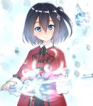  1girl black_hair blue_eyes eyebrows_visible_through_hair hair_ornament holding holding_sword holding_weapon one_side_up original red_mage short_hair smile solo suzunari_shizuku sword upper_body weapon yuki_arare 