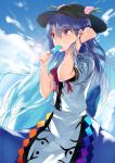  1girl asuzemu blue_hair blue_skirt blue_sky bow clenched_hand clouds cowboy_shot dress eyelashes food food_in_mouth fruit hair_blowing hand_in_hair hat hinanawi_tenshi holding layered_dress leaf long_hair looking_to_the_side peach popsicle puffy_short_sleeves puffy_sleeves red_bow red_eyes short_sleeves skirt sky solo sweat touhou 