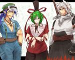  3boys animal_ears arms_at_sides backwards_hat bandage bandaged_arm bare_arms belt belt_pouch blue_eyes blue_hair chest clenched_hands closed_mouth collarbone cowboy_shot earrings eyeliner facial_mark fur_collar genderswap genderswap_(ftm) gloves green_eyes green_hair hand_on_own_arm hands_in_pockets hands_up hat inubashiri_momiji japanese_clothes jewelry kagiyama_hina kawashiro_nitori key letterboxed long_hair looking_at_viewer makeup male manly multiple_boys one_eye_closed pale_skin pants pendant pocket pointy_ears ponytail ribbon ryuuichi_(f_dragon) scar shield shirt short_hair short_sleeves silver_hair sleeveless sleeveless_shirt slit_pupils smile smirk standing suspenders sword sword_hilt tools touhou weapon weapon_on_back wolf_ears 