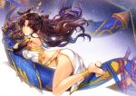  1girl asymmetrical_legwear asymmetrical_sleeves barefoot black_hair crown earrings ells fate/grand_order fate_(series) hair_ribbon heavenly_boat_maanna hoop_earrings ishtar_(fate/grand_order) jewelry long_hair looking_at_viewer pelvic_curtain red_eyes ribbon single_detached_sleeve single_thighhigh smile solo thigh-highs tohsaka_rin two_side_up 